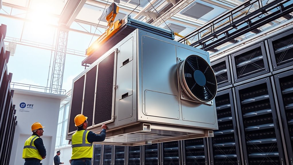 Picture of a data center modular cooling unit being delivered to a happy client.  Looks like a AGI Fabricator brand but hard to tell.